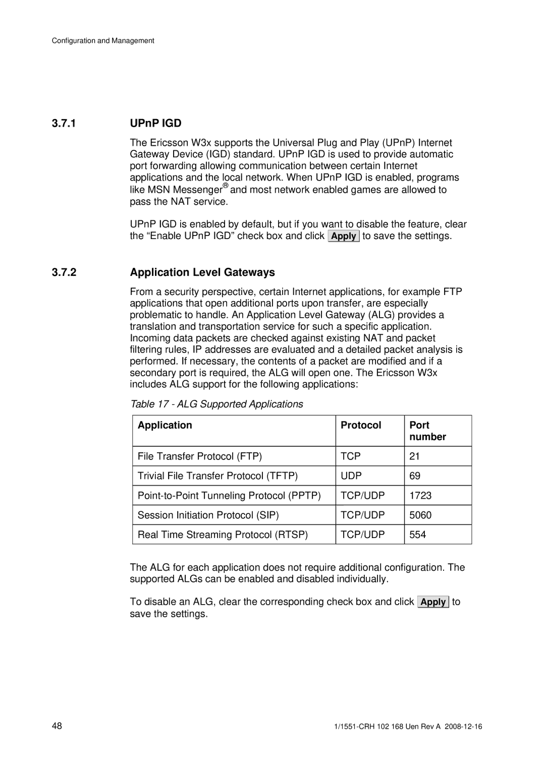 Ericsson W3X manual UPnP IGD, Application Level Gateways, Application Protocol Port Number 