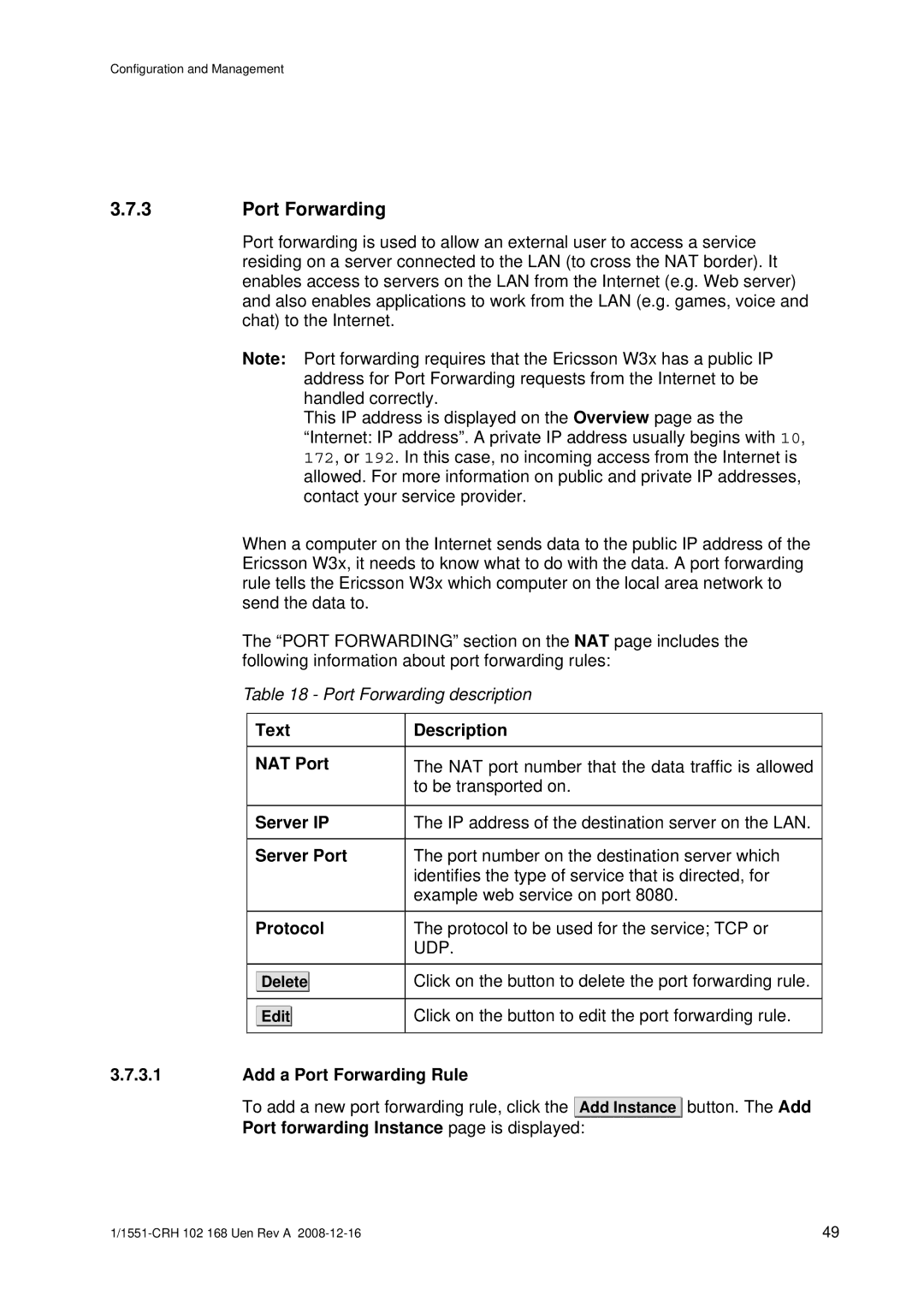 Ericsson W3X manual Text Description NAT Port, Server IP, Server Port, Add a Port Forwarding Rule 