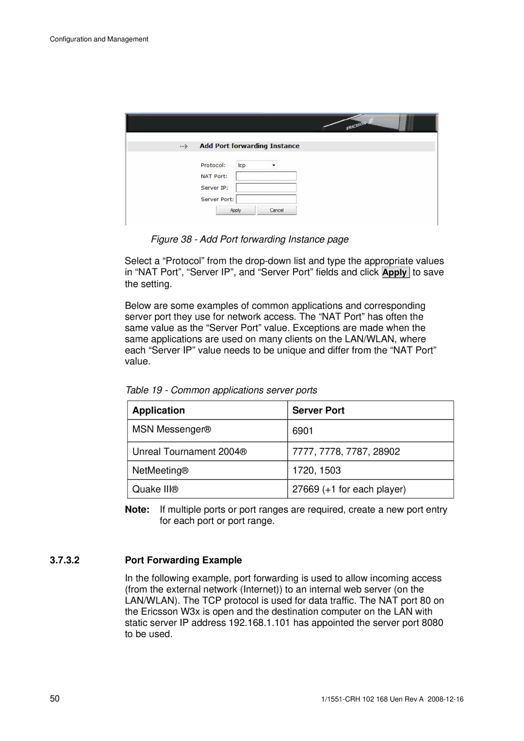 Ericsson W3X manual Application Server Port, Port Forwarding Example 