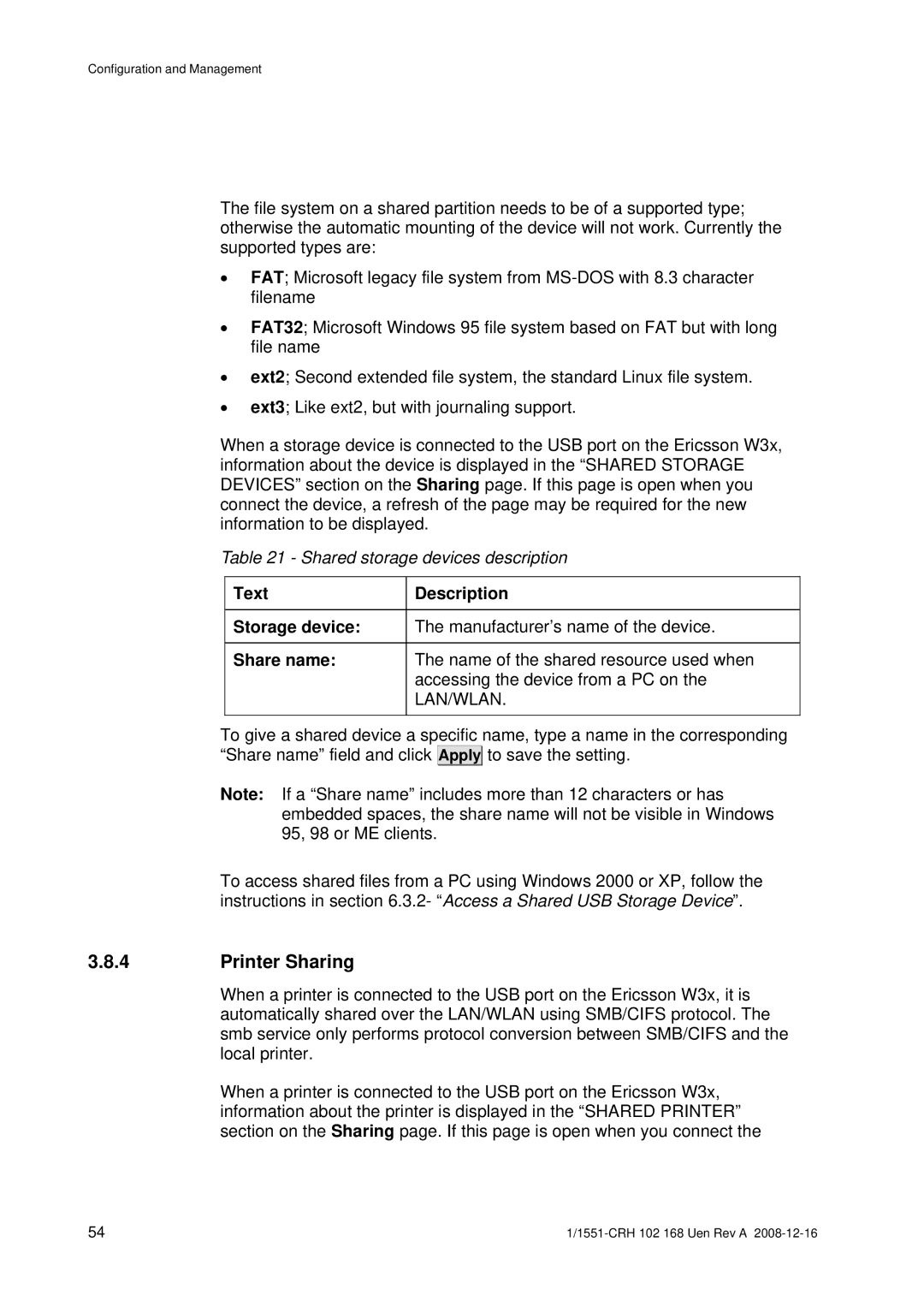 Ericsson W3X manual Printer Sharing, Text Description Storage device, Share name 