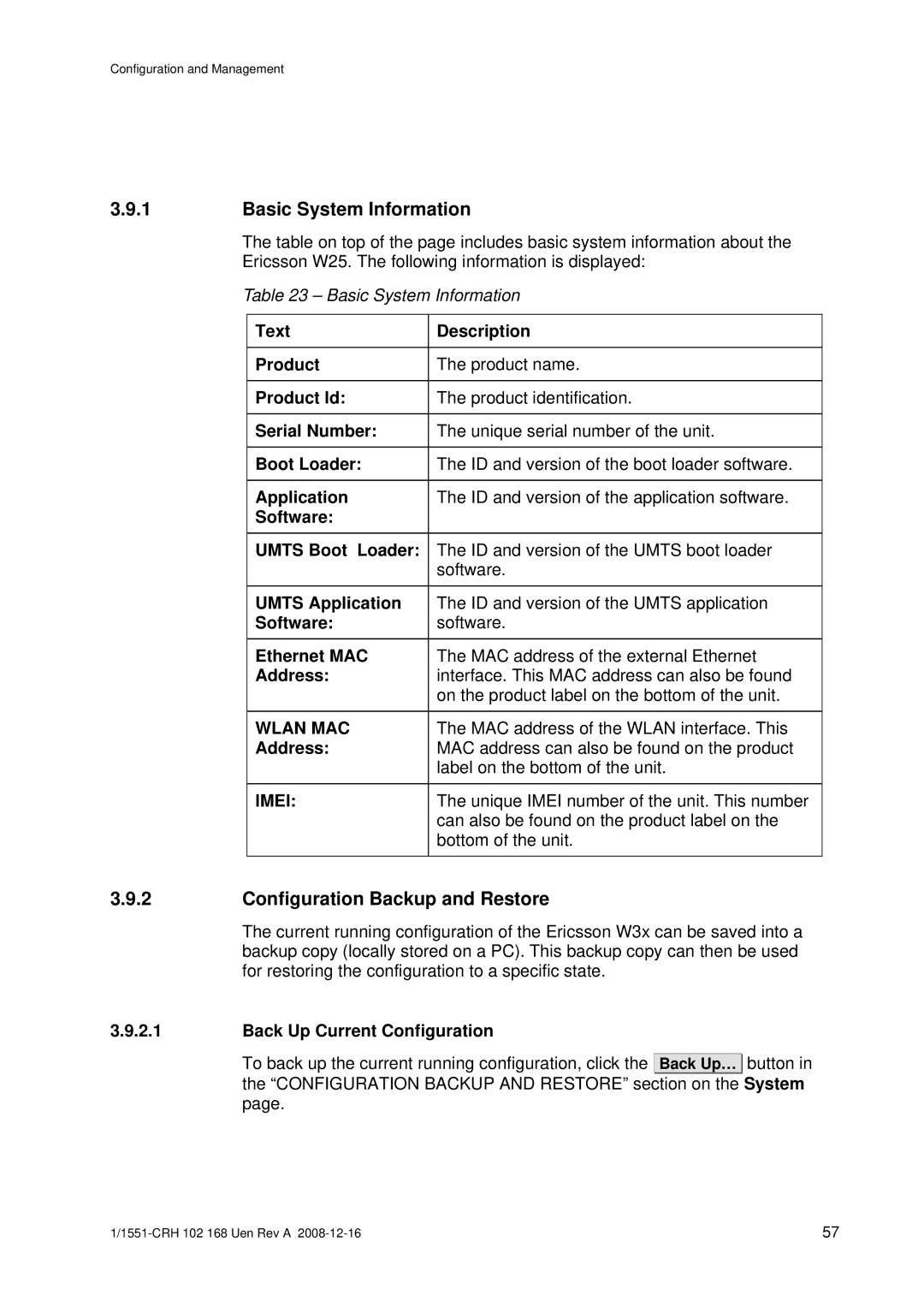 Ericsson W3X manual Basic System Information, Configuration Backup and Restore 