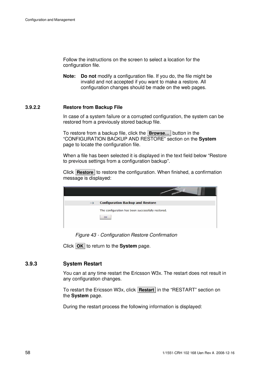 Ericsson W3X manual System Restart, Restore from Backup File 