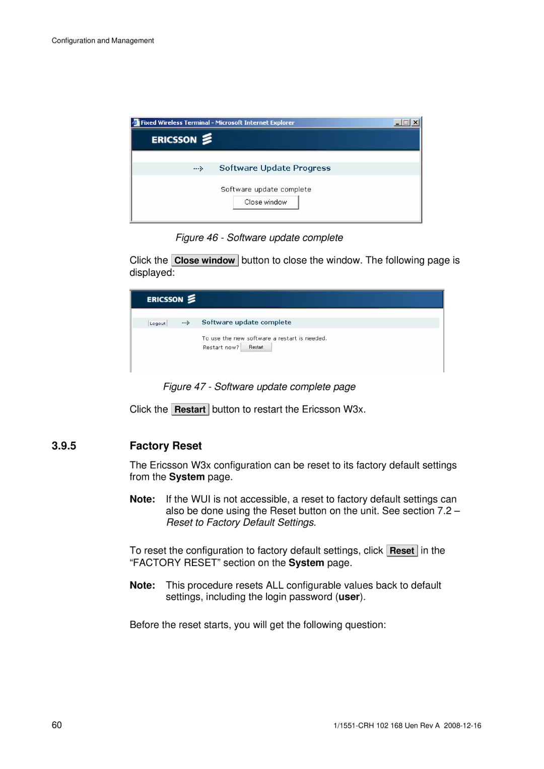 Ericsson W3X manual Factory Reset, Software update complete 