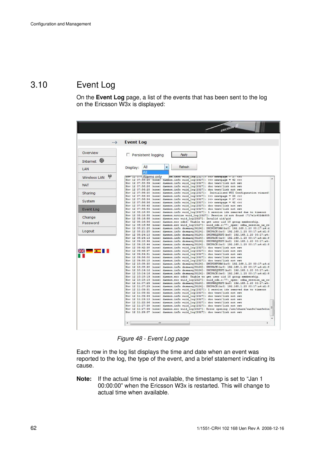 Ericsson W3X manual Event Log 