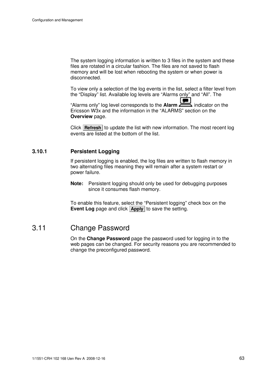 Ericsson W3X manual Change Password, Persistent Logging 