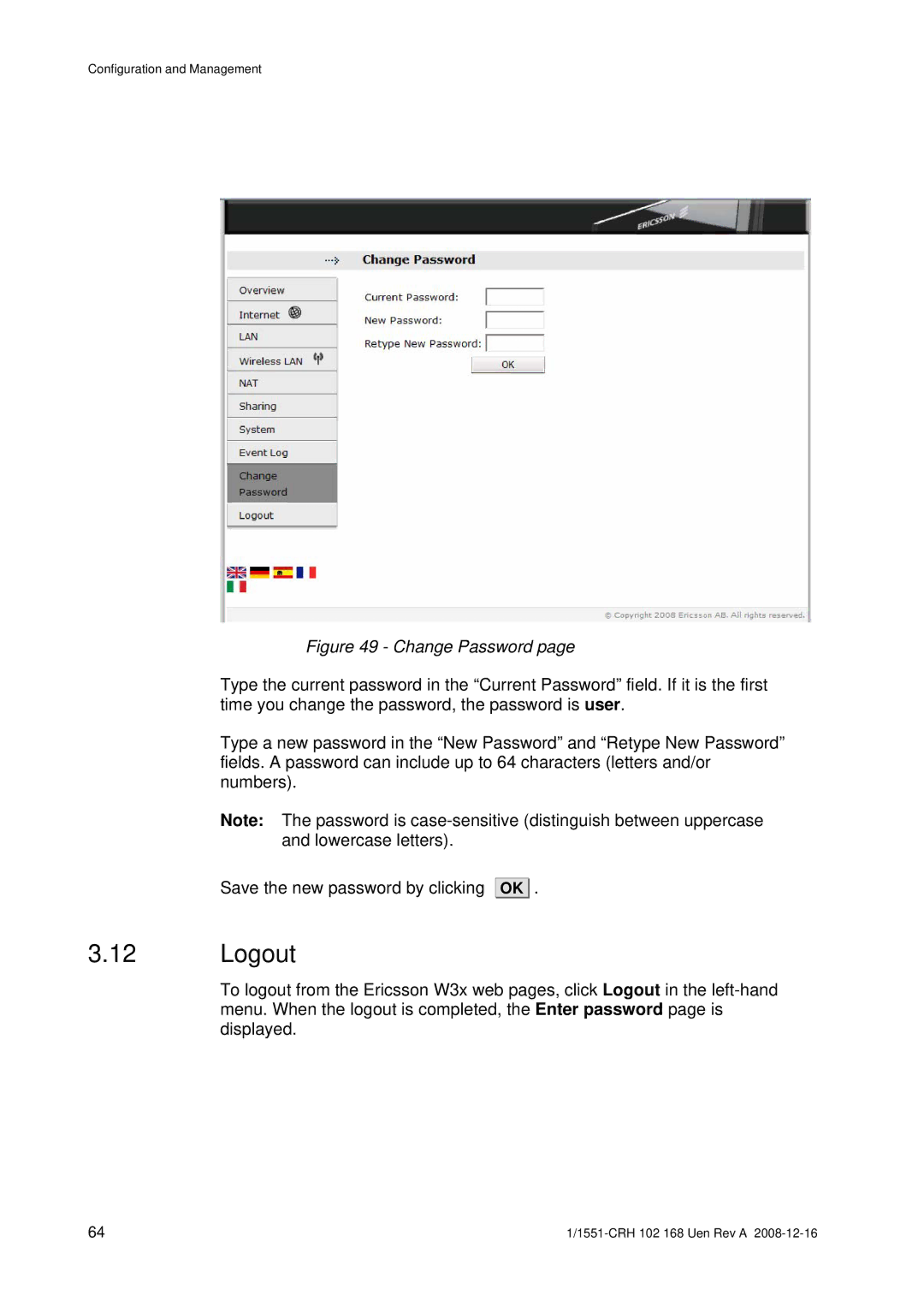 Ericsson W3X manual Logout, Change Password 