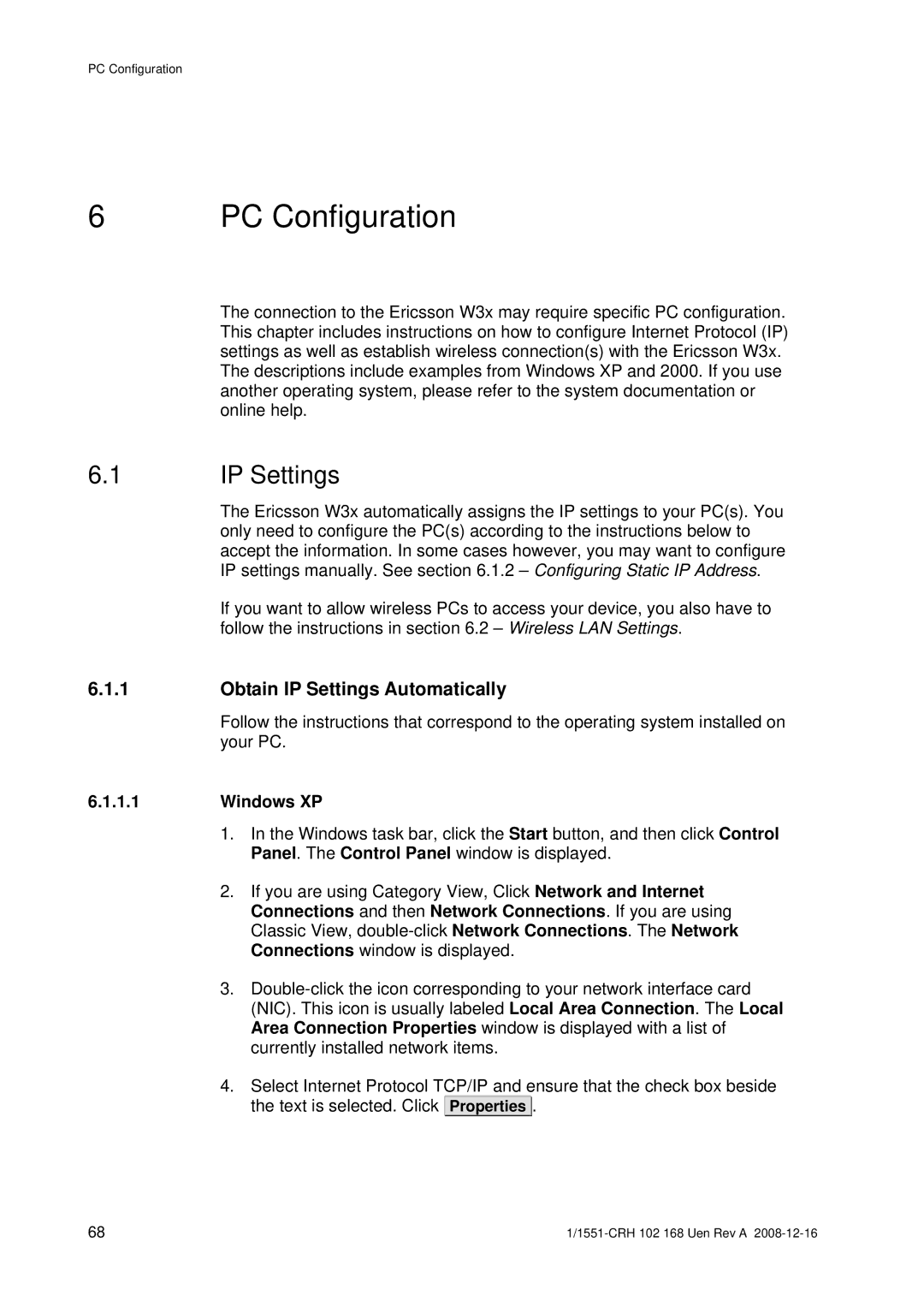 Ericsson W3X manual Obtain IP Settings Automatically, Windows XP 