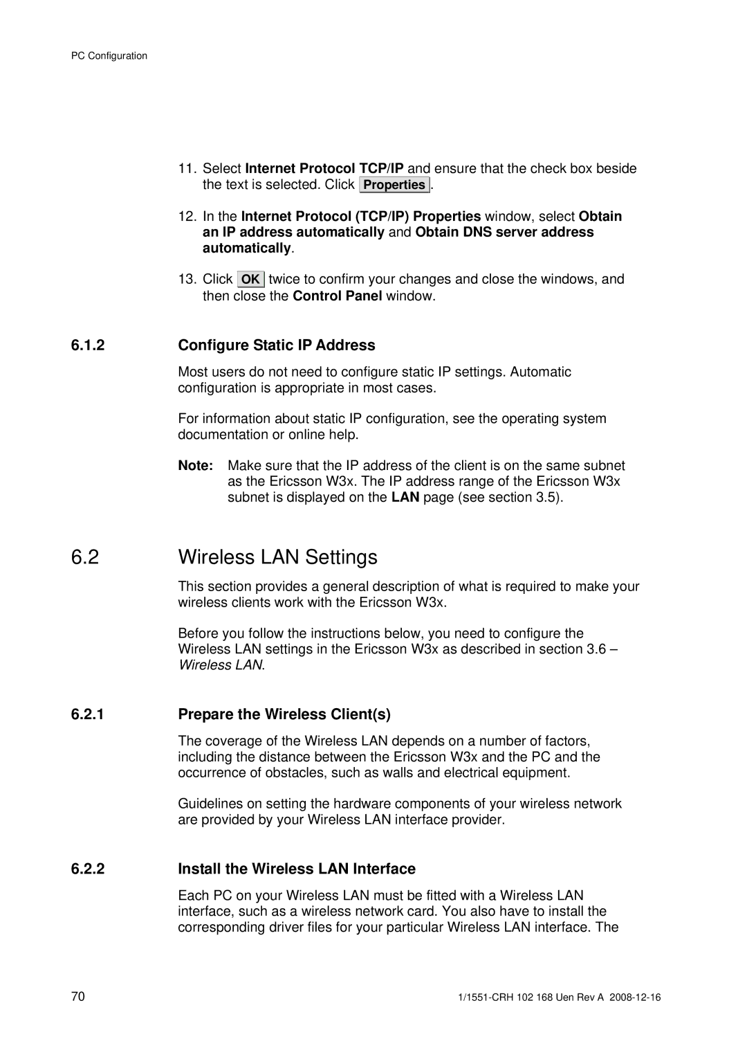 Ericsson W3X manual Wireless LAN Settings, Configure Static IP Address, Prepare the Wireless Clients 