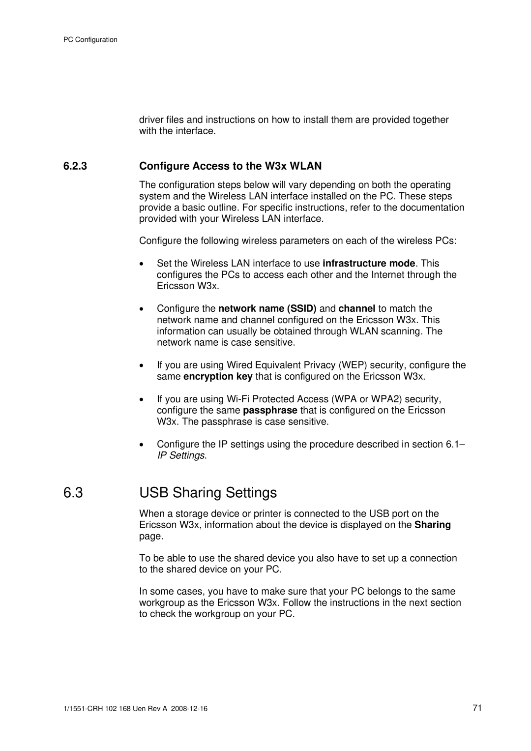 Ericsson W3X manual USB Sharing Settings, Configure Access to the W3x Wlan 