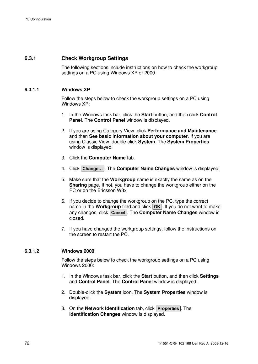 Ericsson W3X manual Check Workgroup Settings, Windows XP 