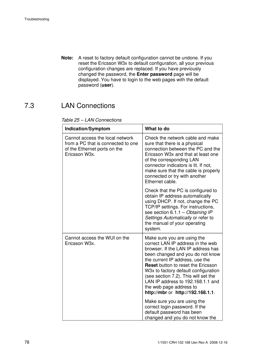 Ericsson W3X manual LAN Connections 