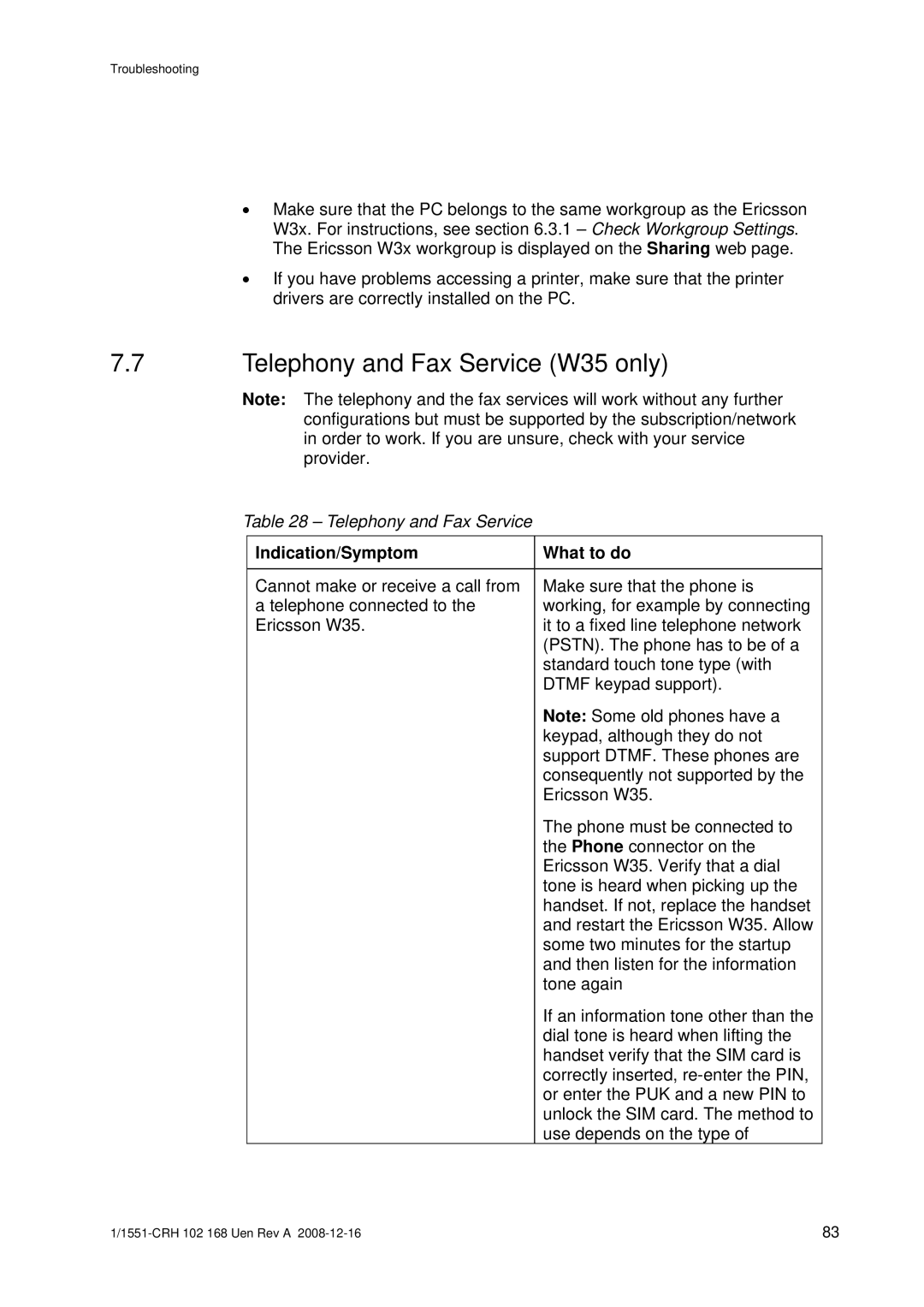 Ericsson W3X manual Telephony and Fax Service W35 only 