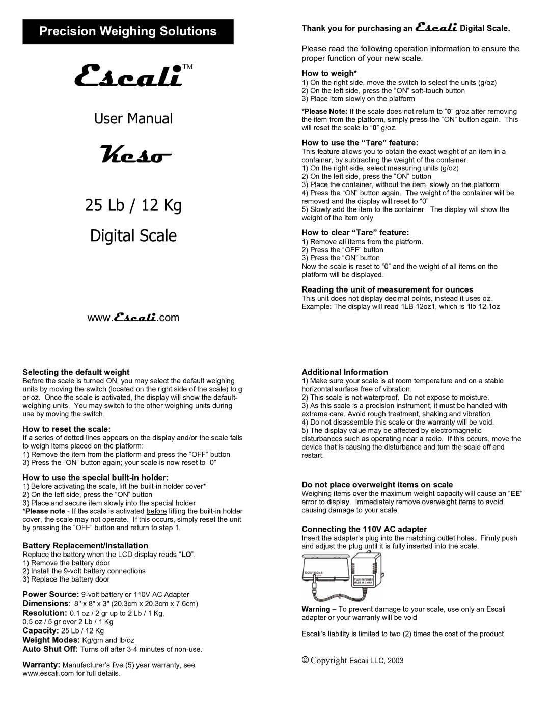 Escali 25 Lb user manual Selecting the default weight, How to reset the scale, How to use the special built-in holder 