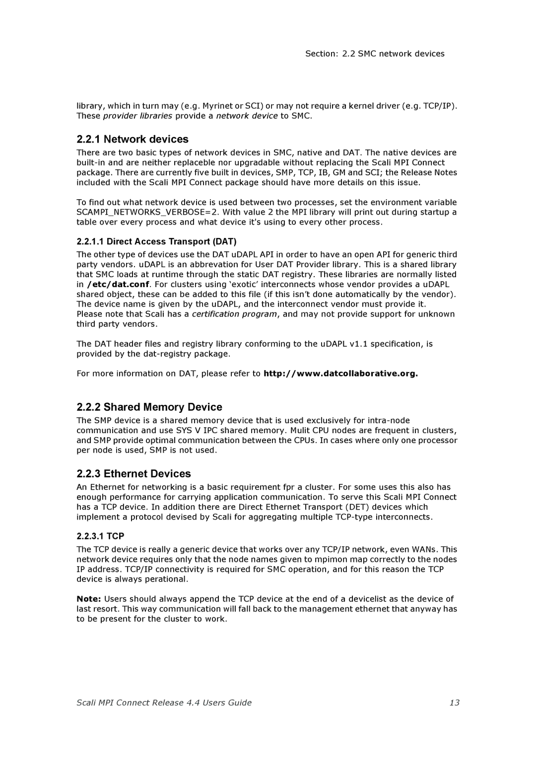 Escali 4.4 manual Network devices, Shared Memory Device, Ethernet Devices, Direct Access Transport DAT, 3.1 TCP 