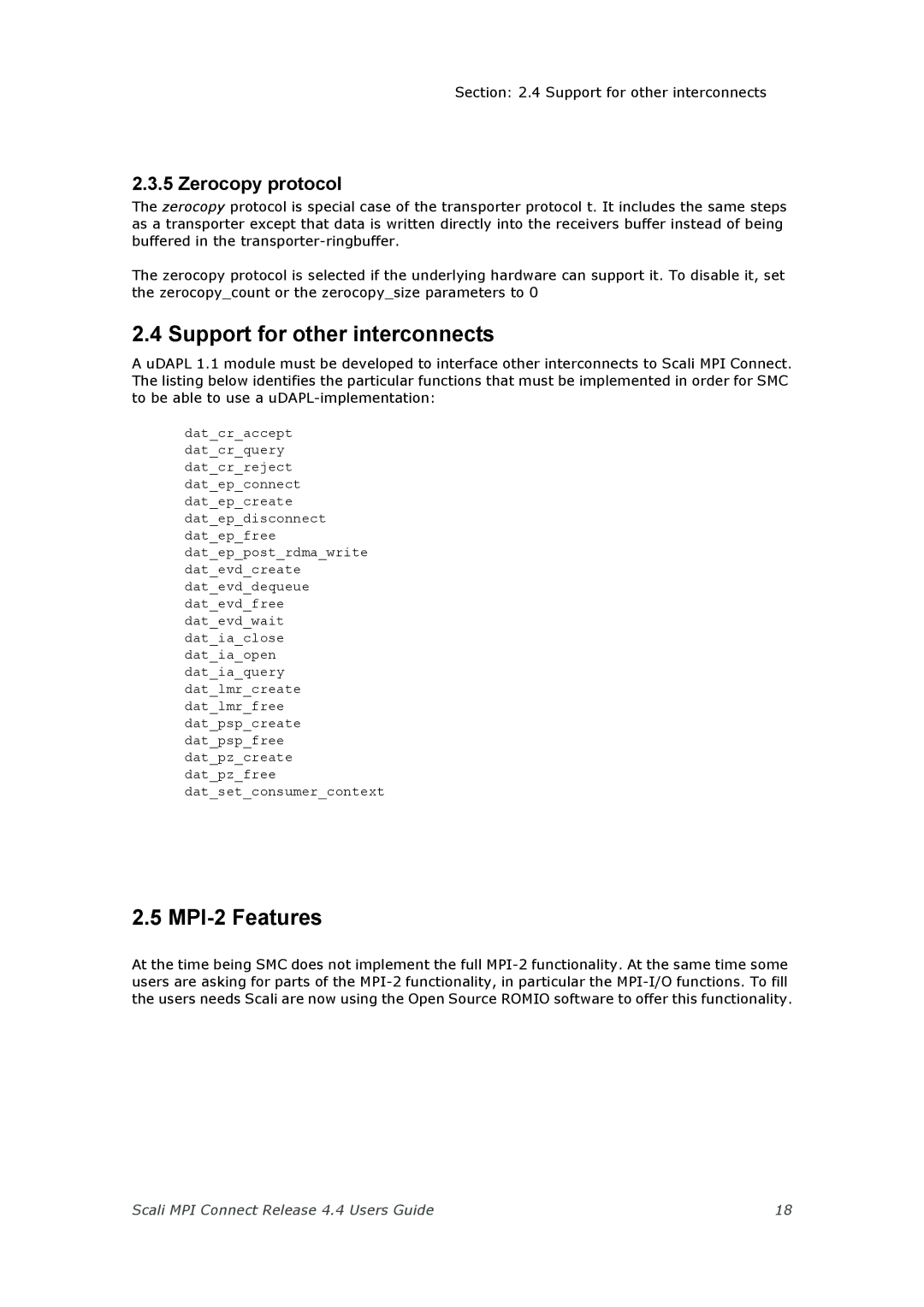 Escali 4.4 manual Support for other interconnects, MPI-2 Features, Zerocopy protocol 