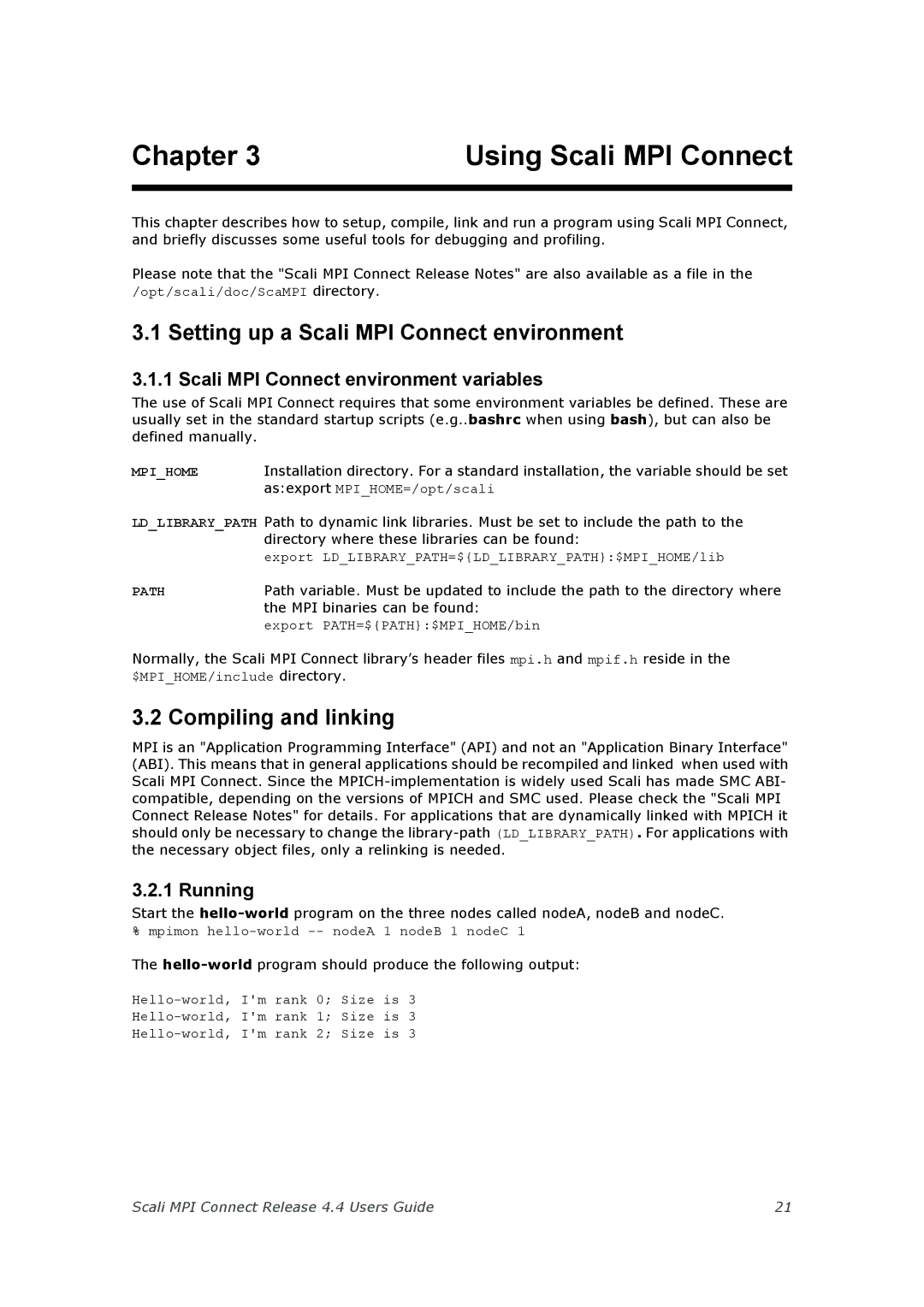 Escali 4.4 Setting up a Scali MPI Connect environment, Compiling and linking, Scali MPI Connect environment variables 