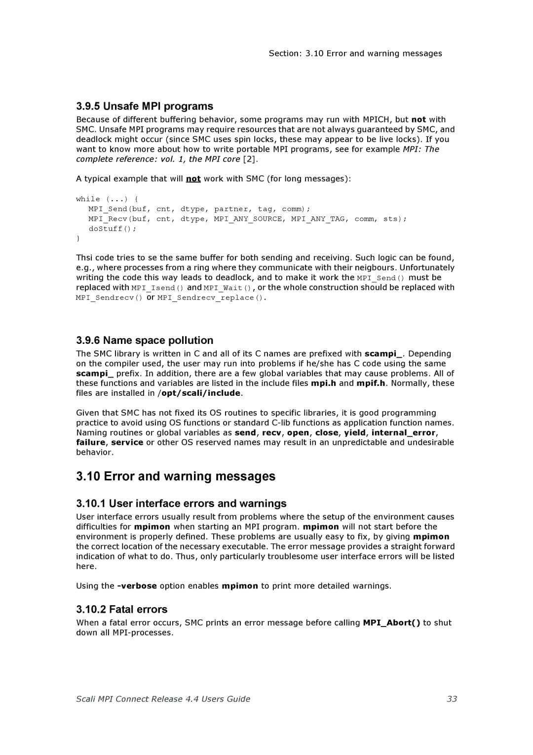 Escali 4.4 manual Error and warning messages, Unsafe MPI programs, Name space pollution, User interface errors and warnings 