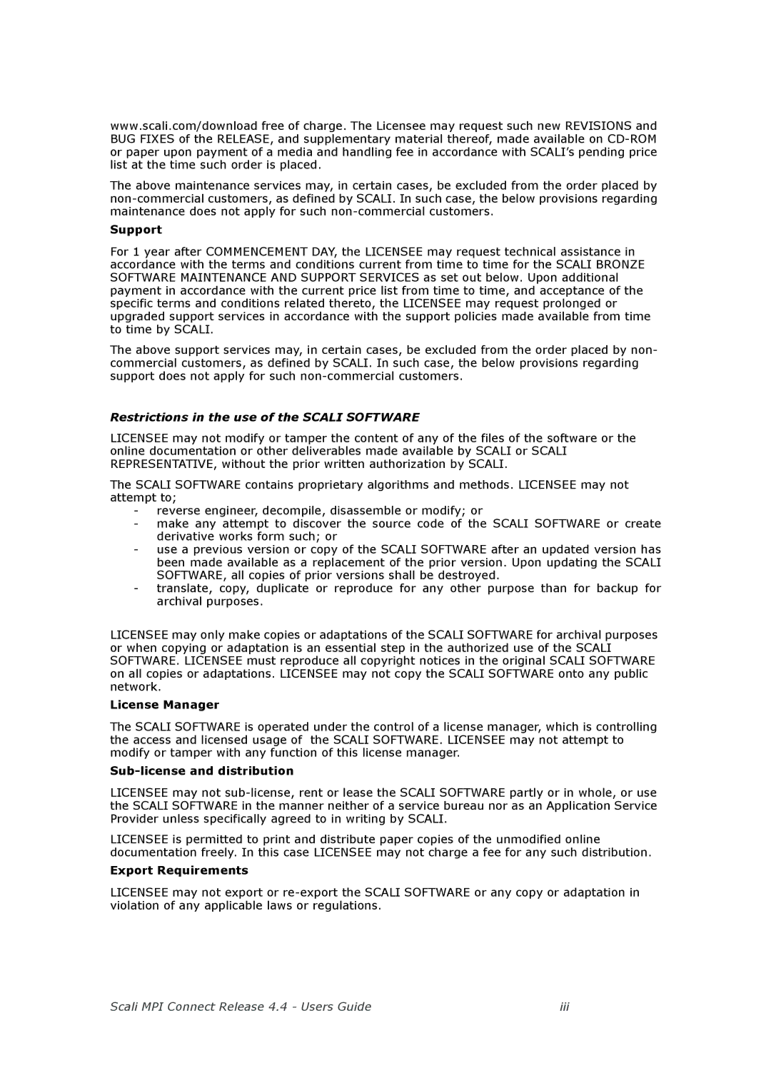 Escali 4.4 manual Support, License Manager, Sub-license and distribution, Export Requirements 