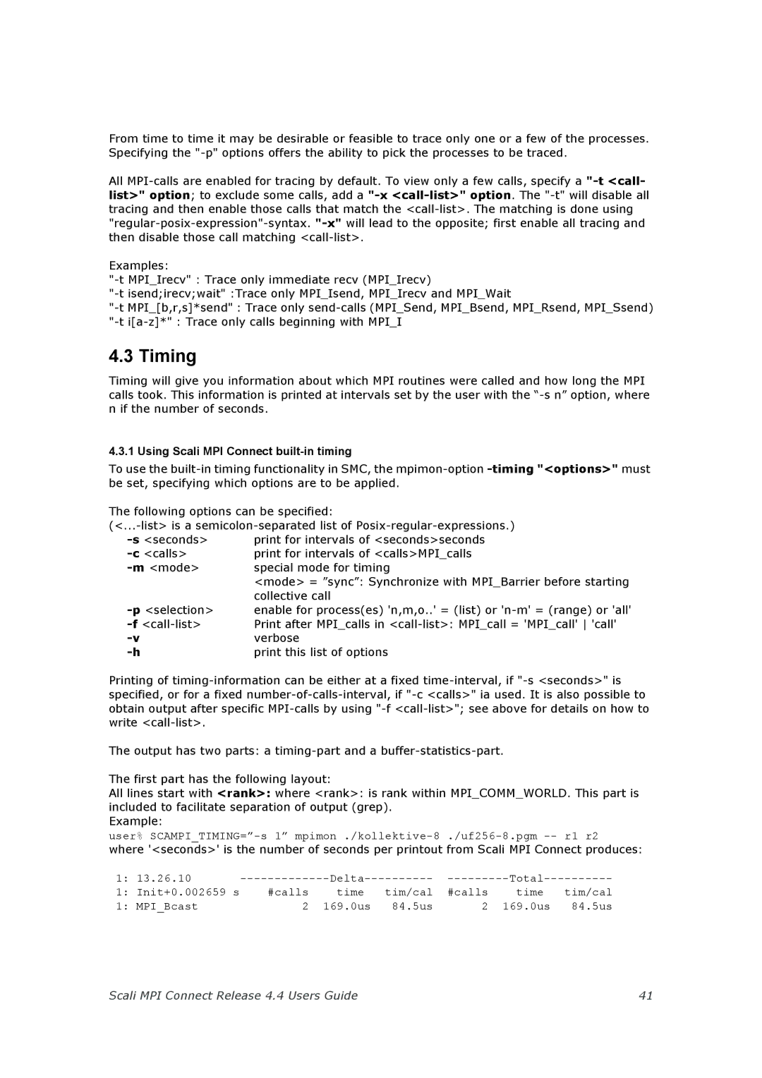 Escali 4.4 manual Timing, Using Scali MPI Connect built-in timing 