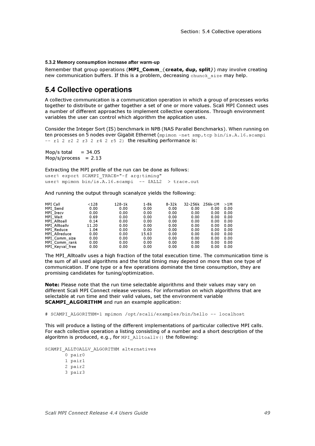 Escali 4.4 manual Collective operations, Memory consumption increase after warm-up 