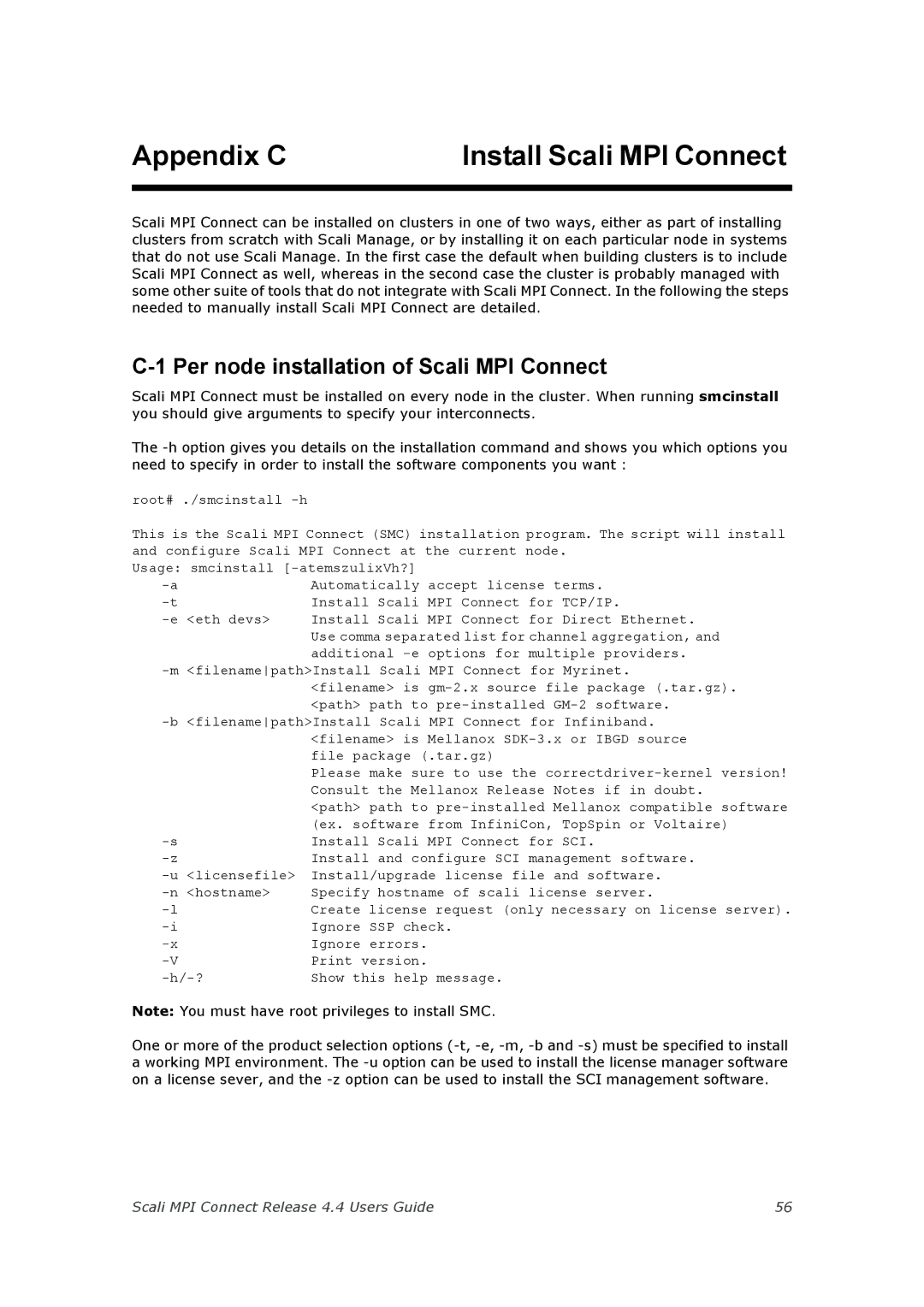 Escali 4.4 manual Appendix C, Per node installation of Scali MPI Connect 