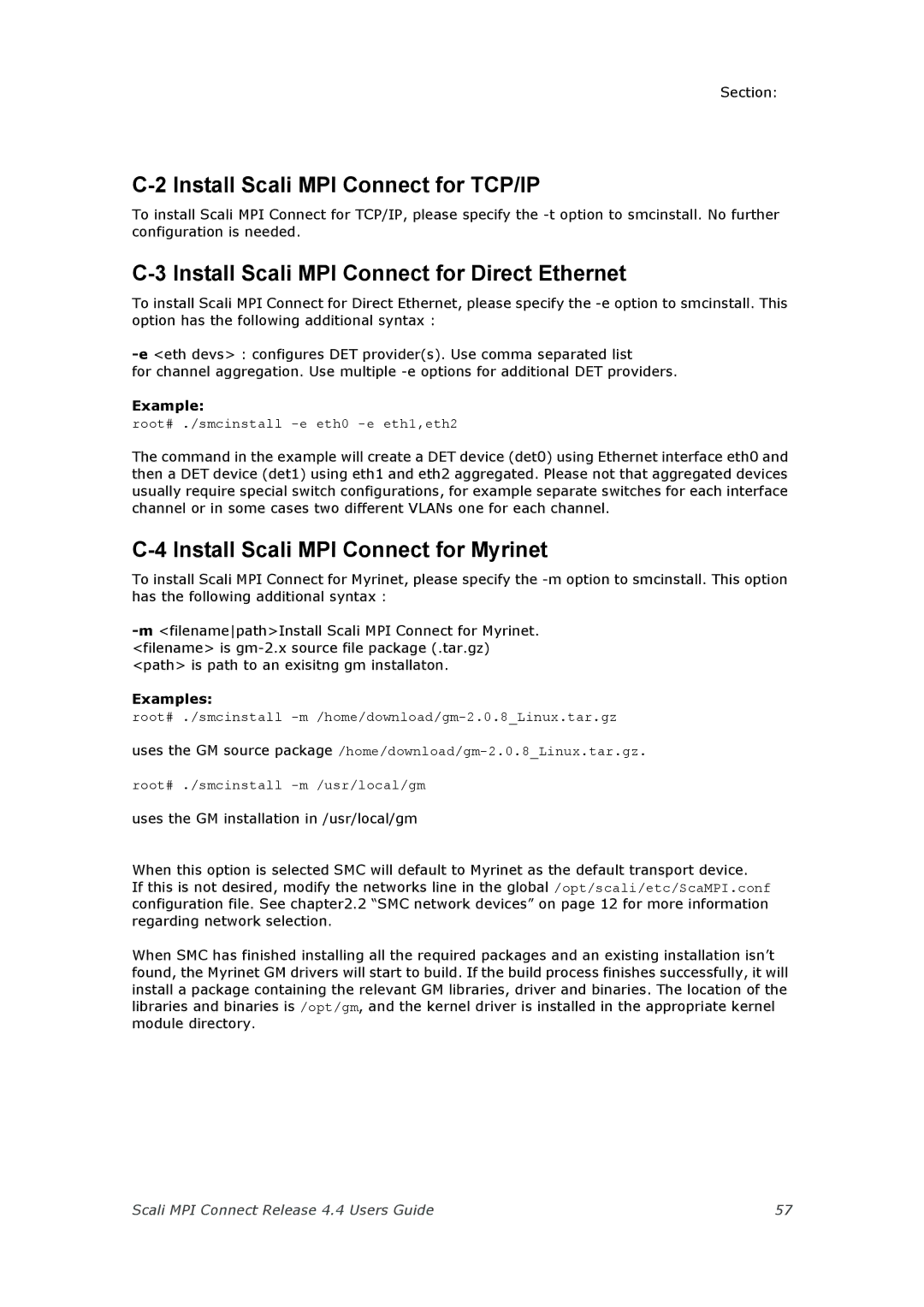 Escali 4.4 manual Install Scali MPI Connect for TCP/IP, Install Scali MPI Connect for Direct Ethernet, Examples 