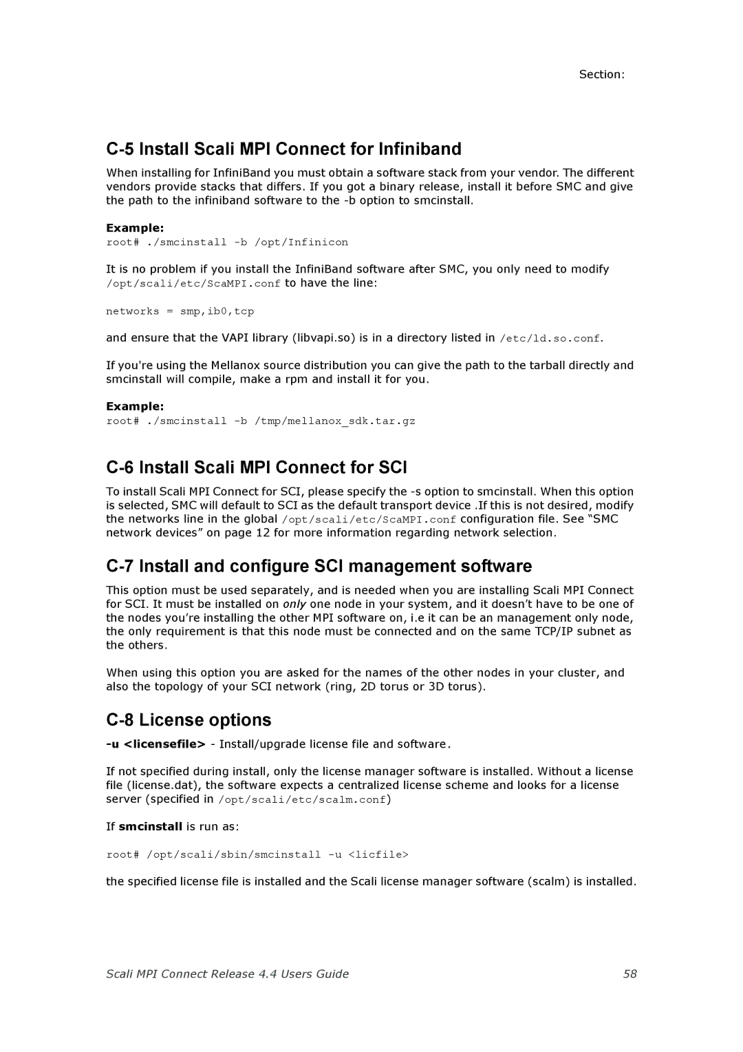 Escali 4.4 manual Install Scali MPI Connect for Infiniband, Install Scali MPI Connect for SCI, License options 