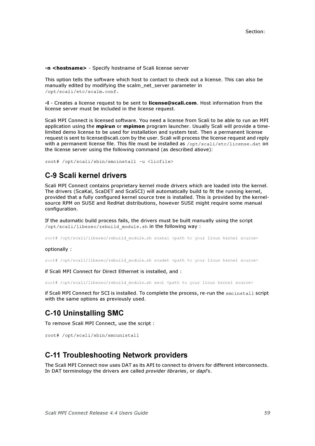 Escali 4.4 manual Scali kernel drivers, Uninstalling SMC, Troubleshooting Network providers 