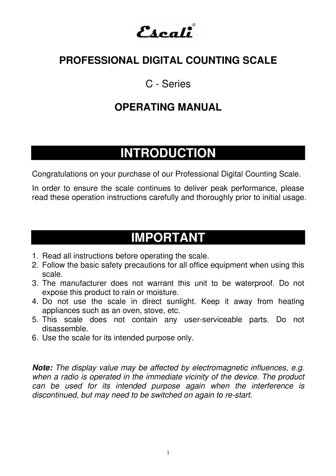 Escali C136, C3315, C6630 user service Introduction 