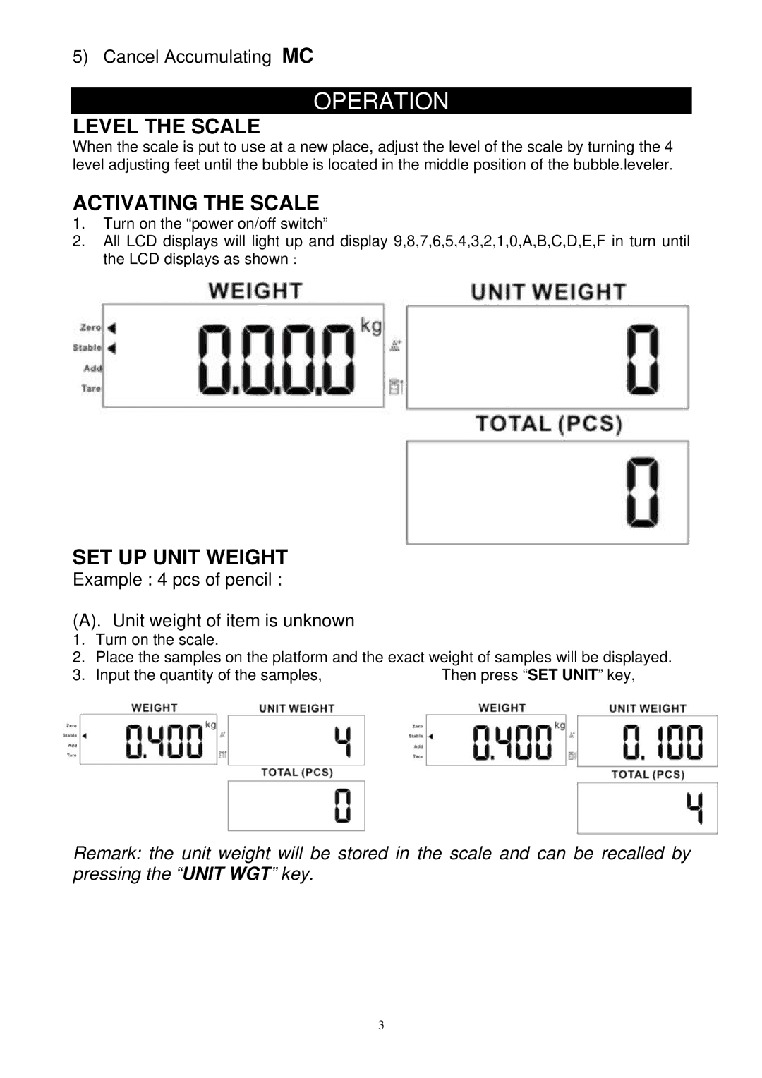 Escali C3315, C136, C6630 user service Level the Scale, Activating the Scale, SET UP Unit Weight, Cancel Accumulating MC 