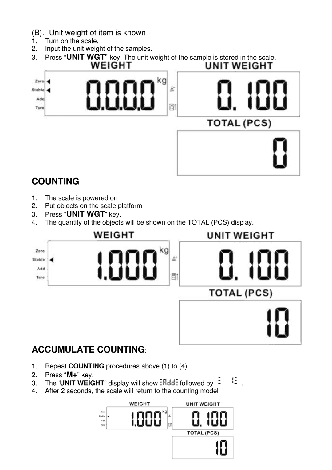 Escali C136, C3315, C6630 user service Accumulate Counting, Unit weight of item is known 