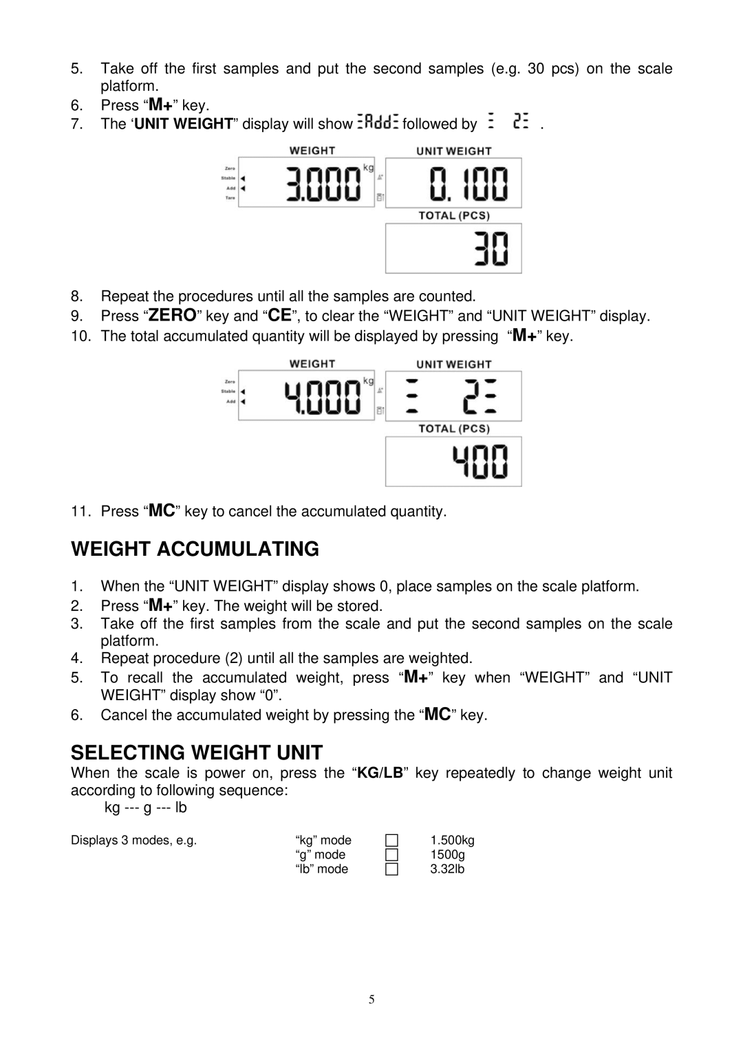 Escali C6630, C3315, C136 user service Weight Accumulating, Selecting Weight Unit 