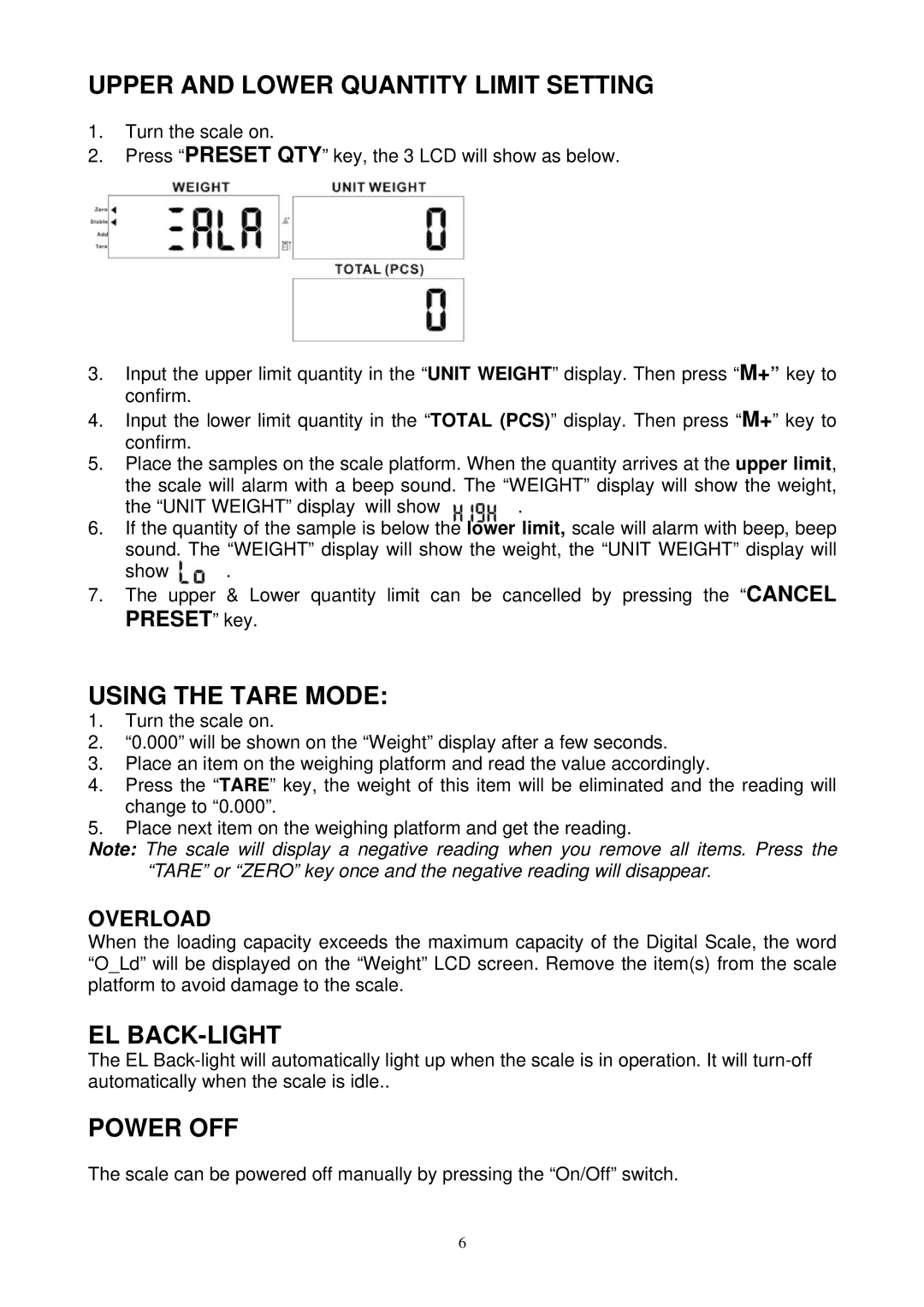 Escali C3315, C136, C6630 Upper and Lower Quantity Limit Setting, Using the Tare Mode, El Back-Light, Power OFF, Overload 