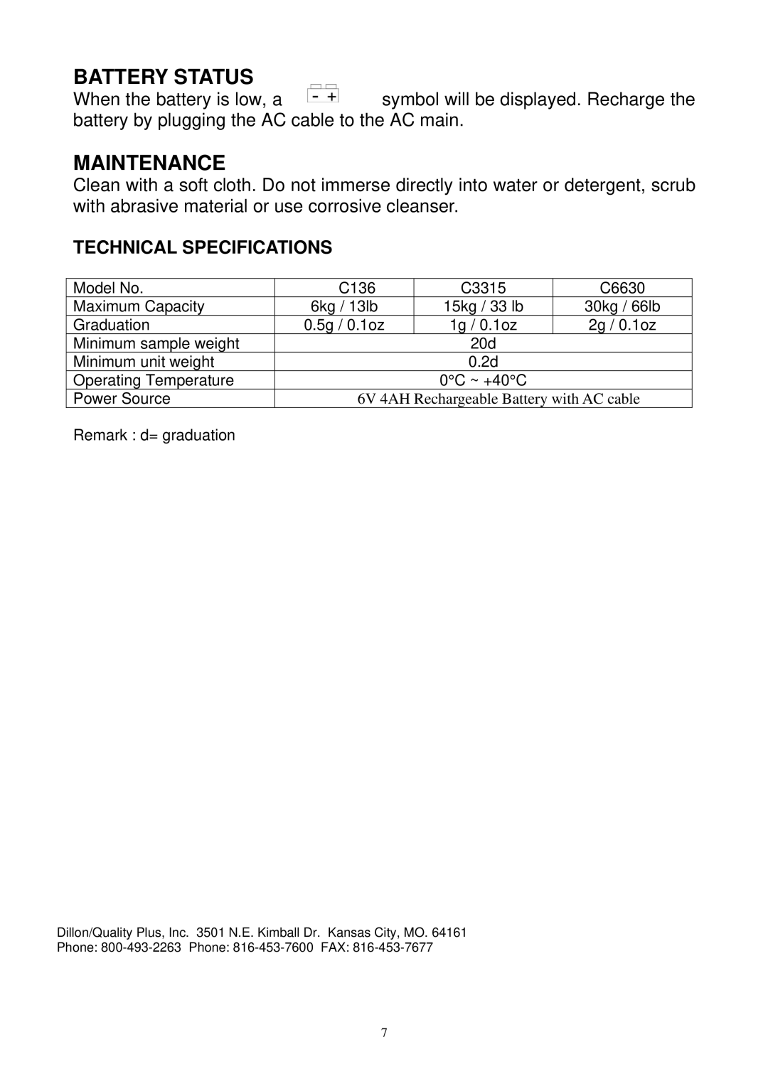 Escali C136, C3315, C6630 user service Battery Status, Maintenance, Technical Specifications 