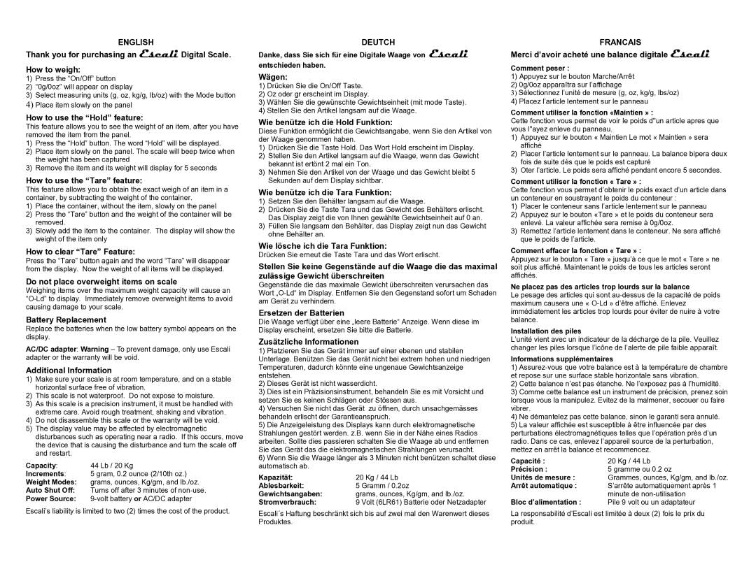 Escali Digital Scale warranty English, Deutch, Francais 