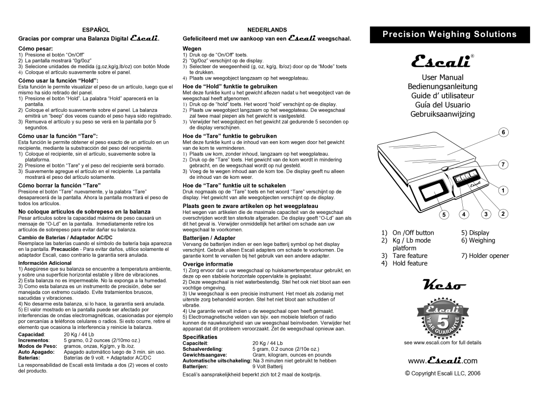 Escali Digital Scale warranty Español, Nederlands 