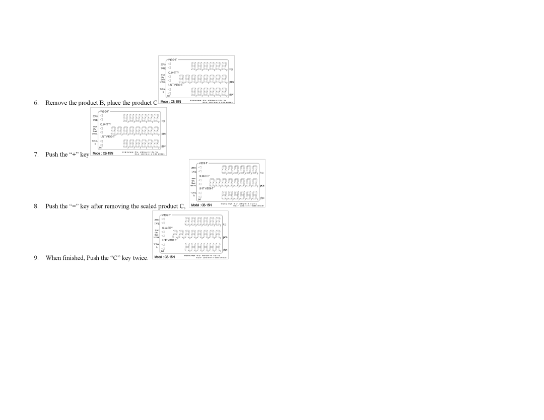 Escali E6CB, E3CB, E30CBB, E15CB manual Remove the product B, place the product C Model CB-15N 