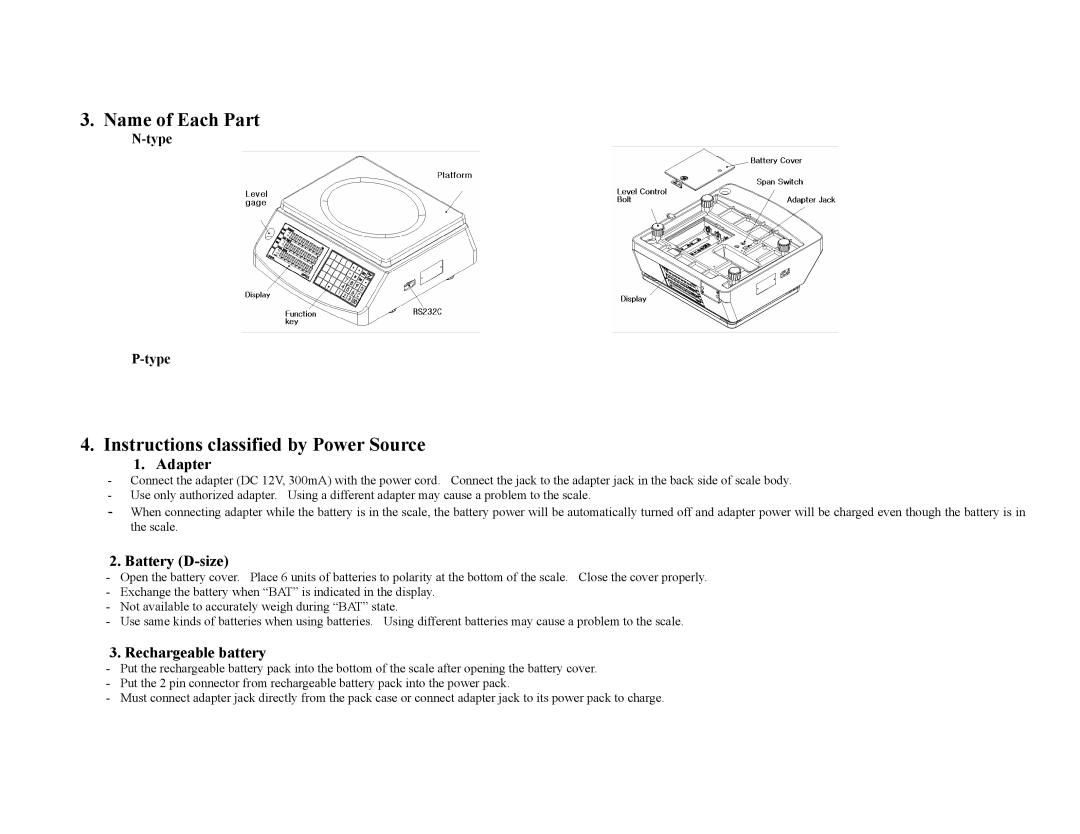 Escali E6CB Name of Each Part, Instructions classified by Power Source, Adapter, Battery D-size, Rechargeable battery 