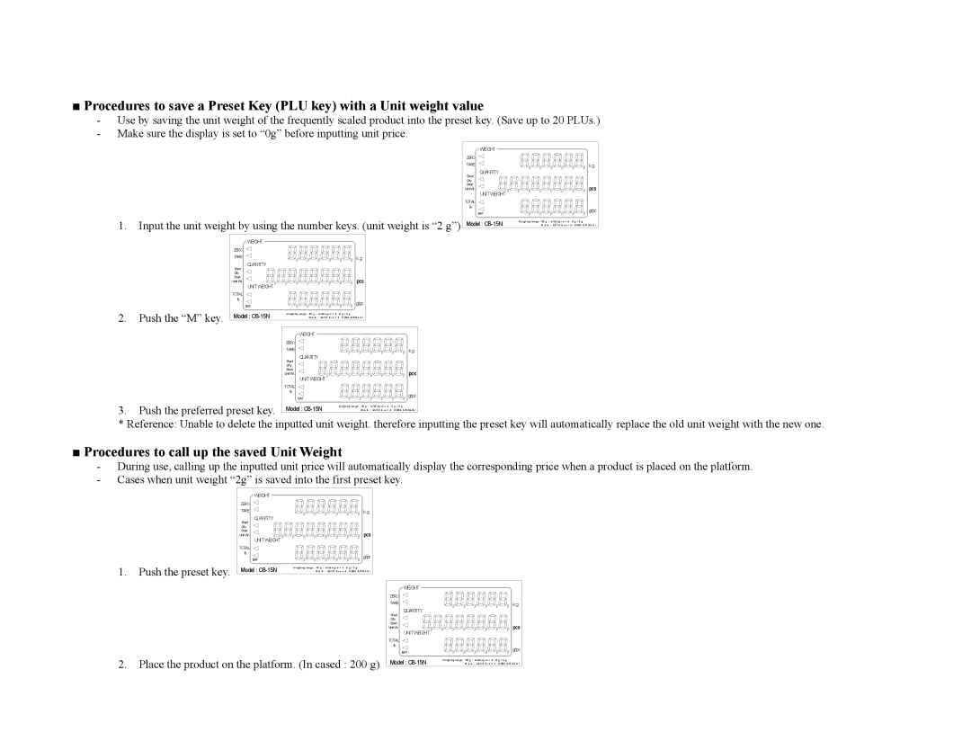 Escali E30CBB, E6CB, E3CB, E15CB manual Procedures to call up the saved Unit Weight, Push the M key 