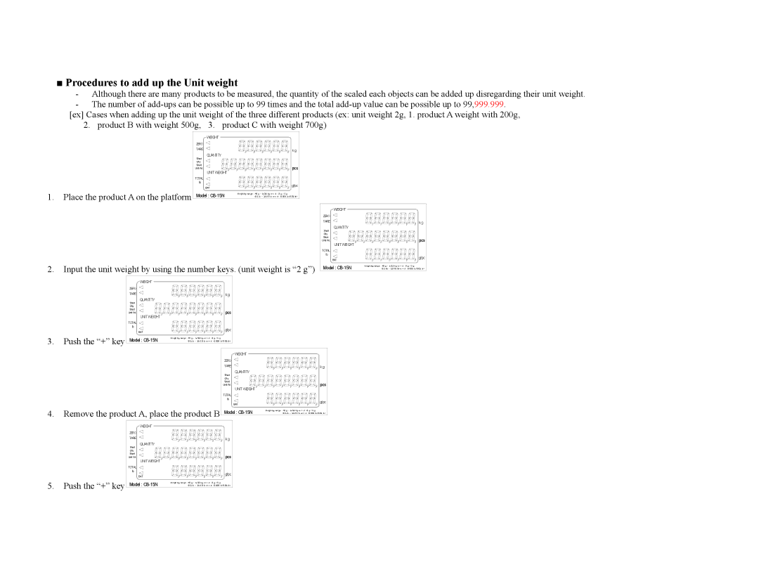 Escali E15CB, E6CB, E3CB, E30CB manual Procedures to add up the Unit weight, Place the product a on the platform Model CB-15N 
