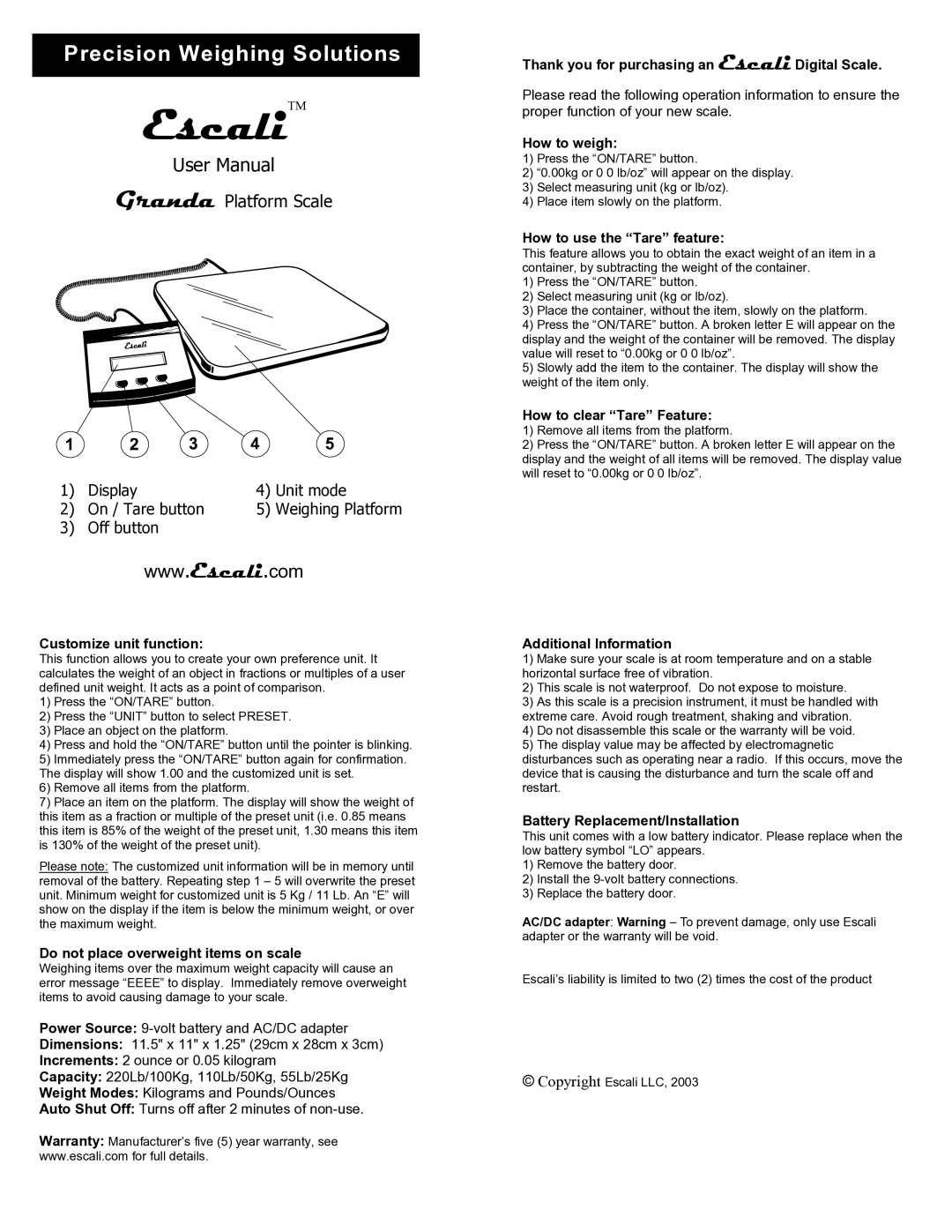 Escali Granda Platform Scale warranty Customize unit function, Do not place overweight items on scale, How to weigh 