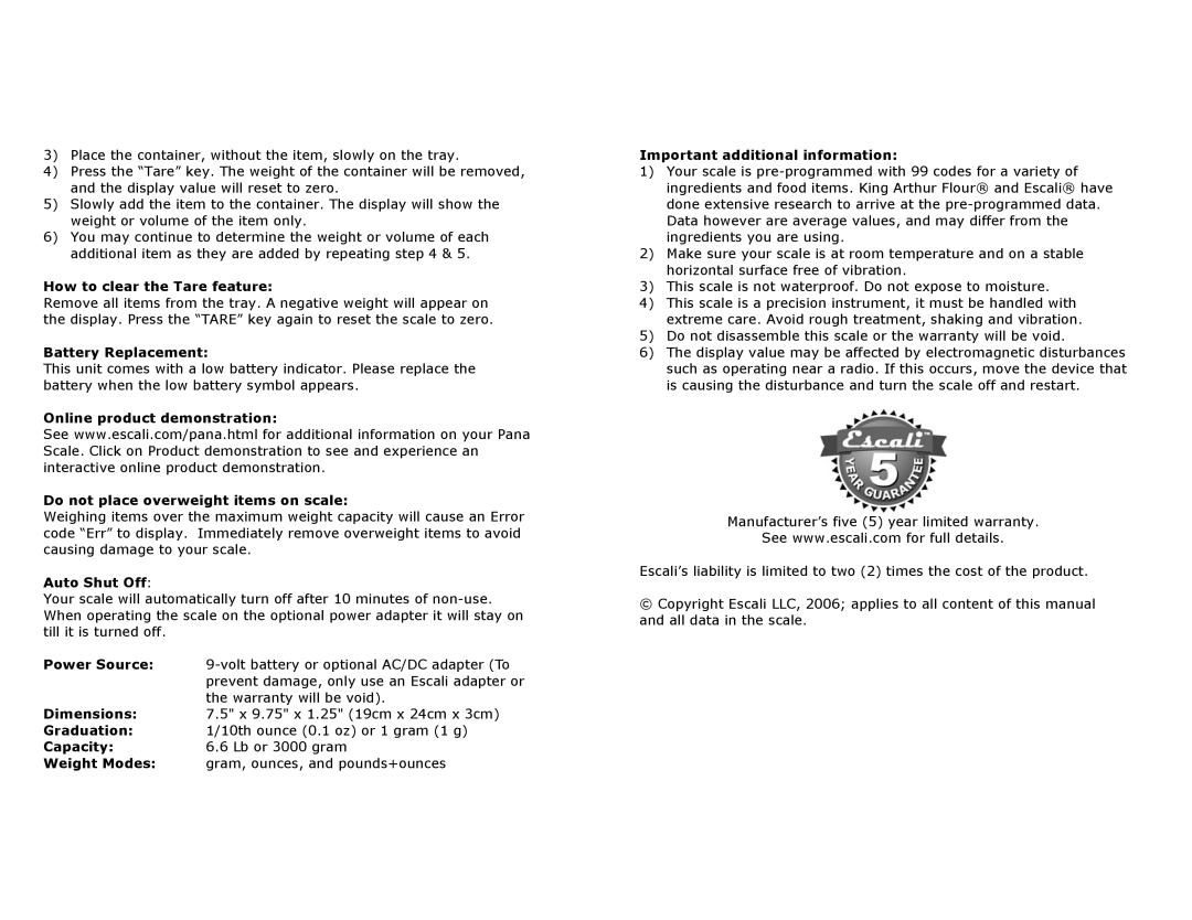 Escali Pana user manual How to clear the Tare feature, Battery Replacement, Auto Shut Off, Important additional information 