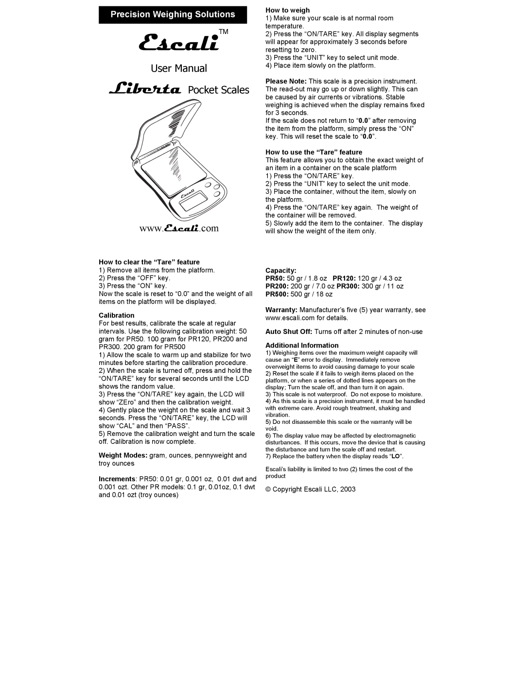 Escali user manual EscaliTM, Liberta Pocket Scales 