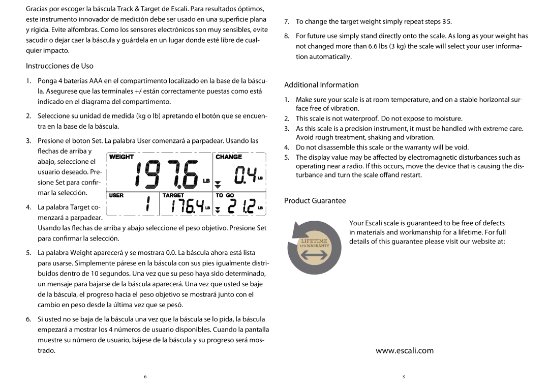 Escali USTT180 manual Instrucciones de Uso, Additional Information, Product Guarantee 