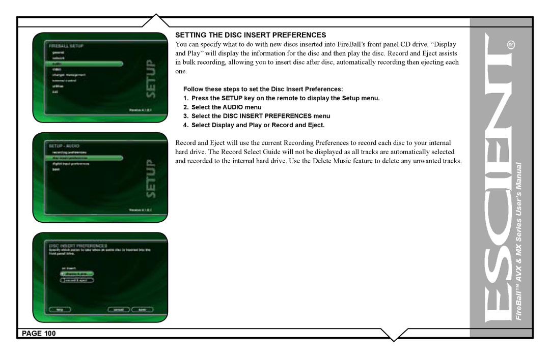 Escient AVX user manual Setting the Disc Insert Preferences 