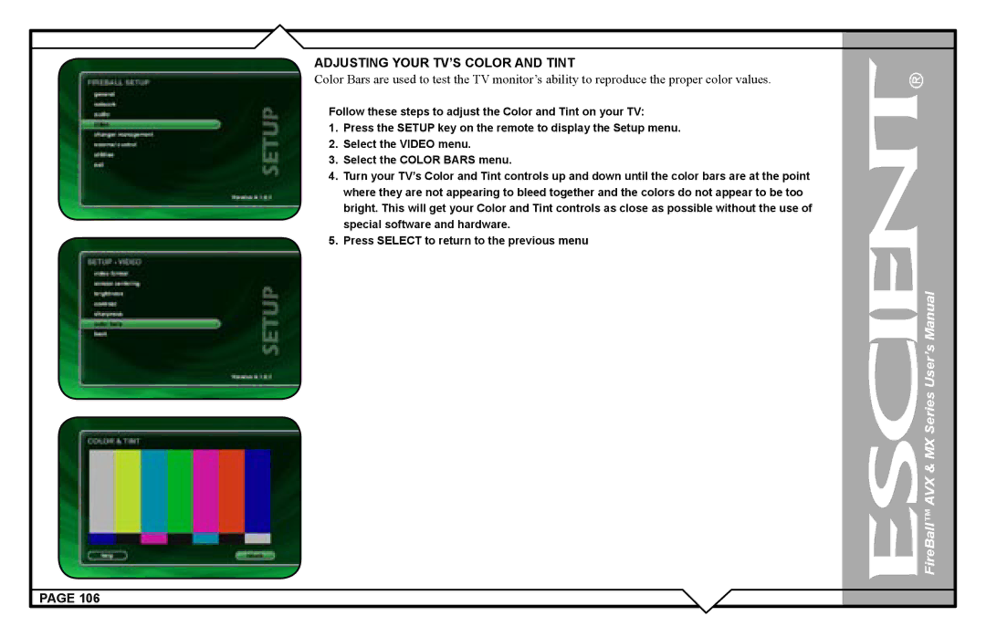 Escient AVX user manual Adjusting Your TV’S Color and Tint 