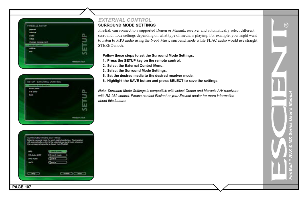 Escient AVX user manual Surround Mode Settings 