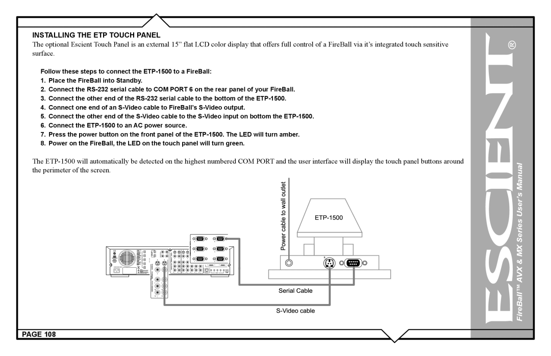 Escient AVX user manual Installing the ETP Touch Panel 