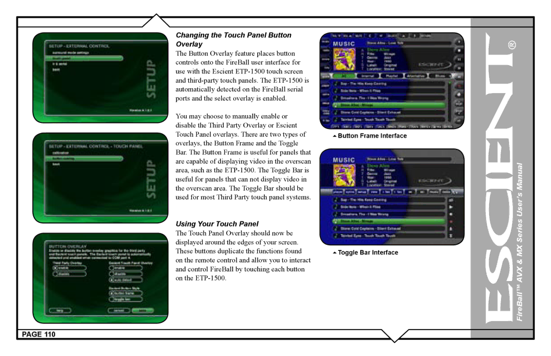 Escient AVX user manual Changing the Touch Panel Button Overlay, Using Your Touch Panel 