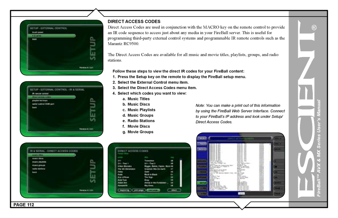 Escient AVX user manual Direct Access Codes 